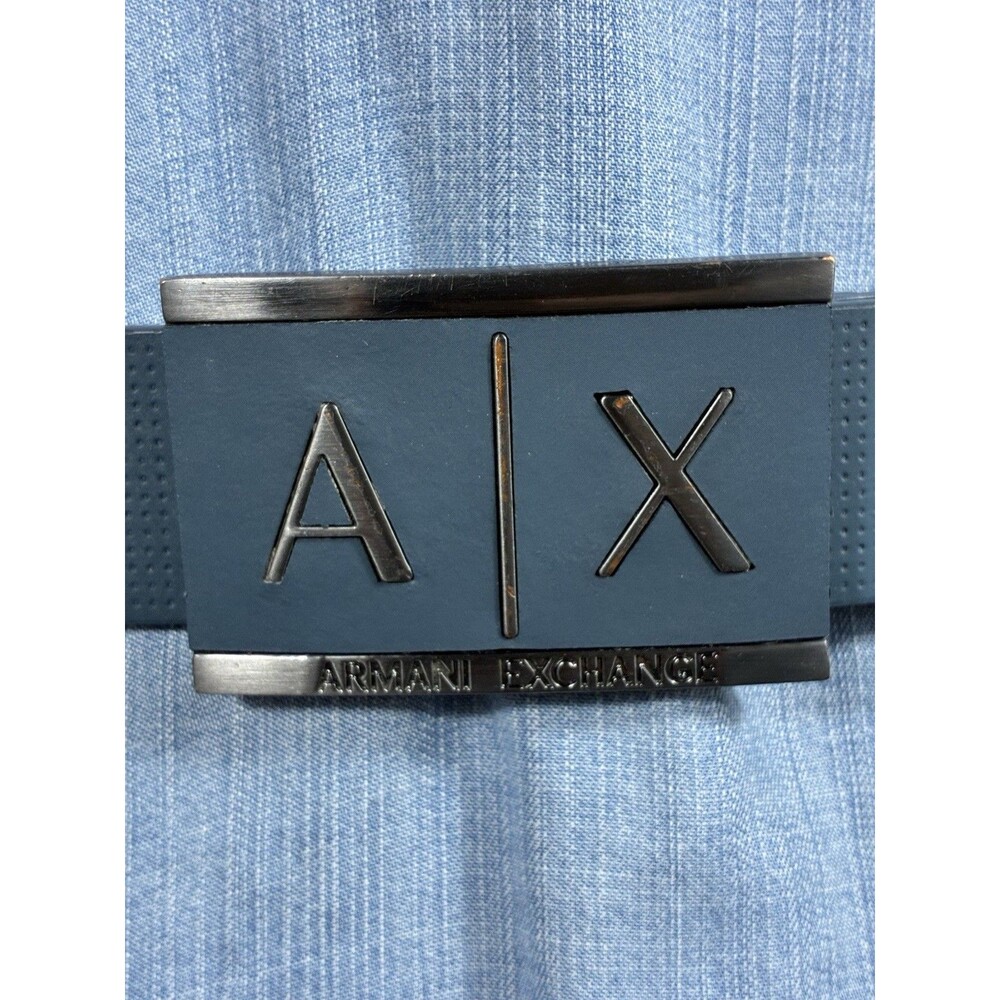 Armani Exchange AX Mens Belt Sz 34 logo Plaque buckle Genuine leather Blue